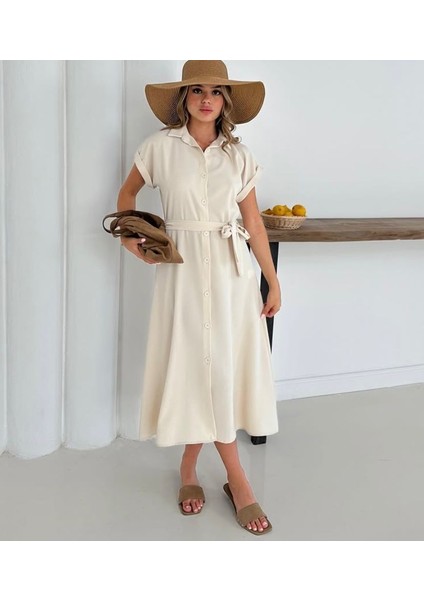 Düğme Kapama Kemerli Midi Elbise