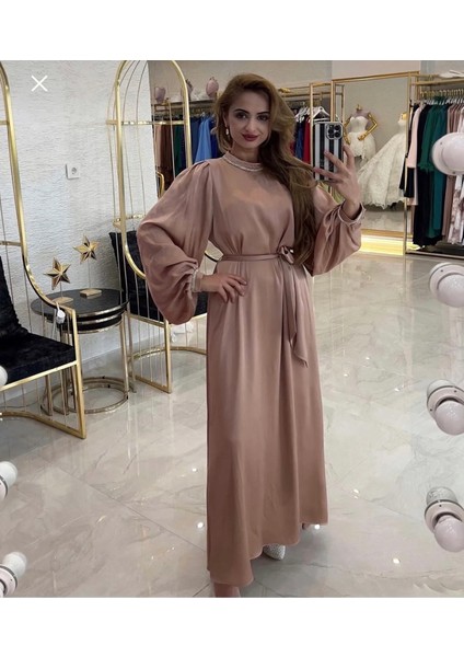 Taş Detaylı Balon Kol Elbise Günlük-Gece