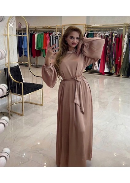 Taş Detaylı Balon Kol Elbise Günlük-Gece