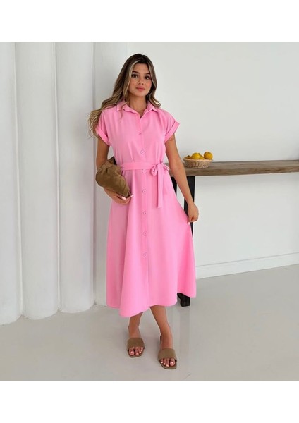 Düğme Kapama Kemerli Midi Elbise