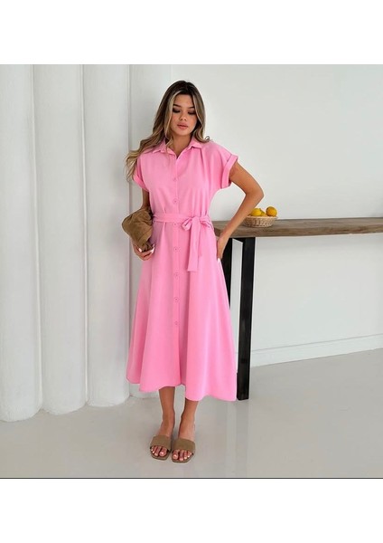 Düğme Kapama Kemerli Midi Elbise fiyatları