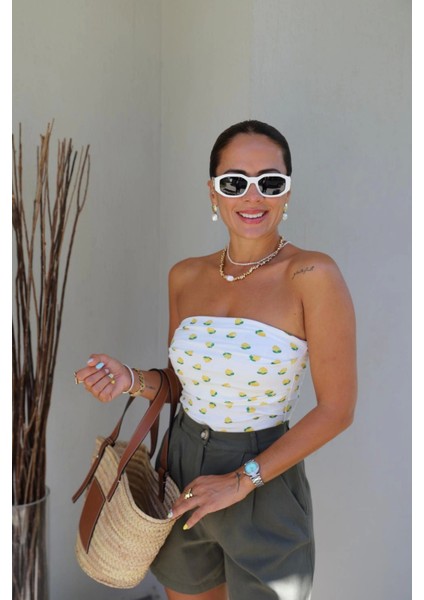 Ekru Limon Desen Straplez Bluz