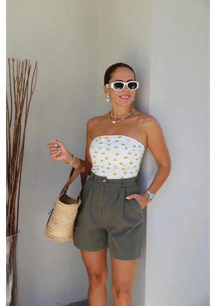 Ekru Limon Desen Straplez Bluz fiyatları