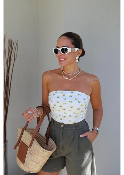 Ekru Limon Desen Straplez Bluz modelleri