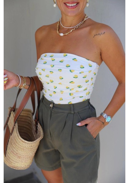Ekru Limon Desen Straplez Bluz fırsatları