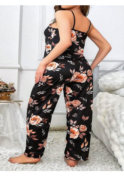 Büyük Beden Siyah Üstüne Çiçek Desenli Ince Askılı 2'li Pijama Takımı modelleri