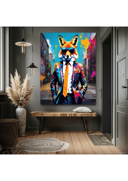 Renkli Kıyafetli Sokakta Gezen Tilki Kanvas Tablo Ev Duvar Salon Ofis Dükkan Hediyelik Dekarasyon Süsü
