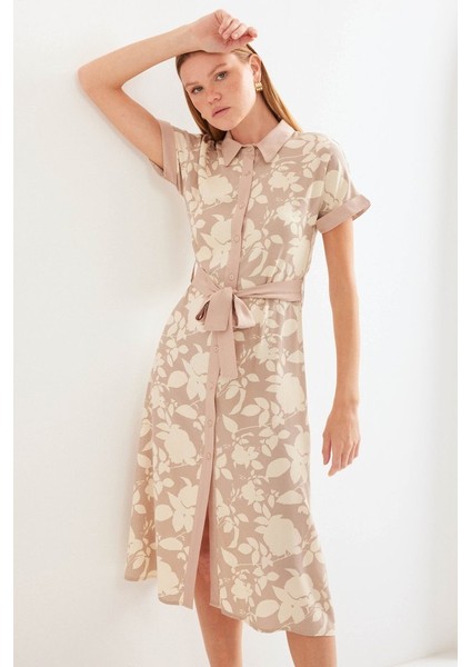 2455 Desenli Gömlek Elbise - Bej