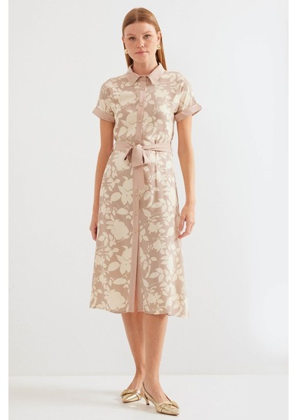 2455 Desenli Gömlek Elbise - Bej fiyatları