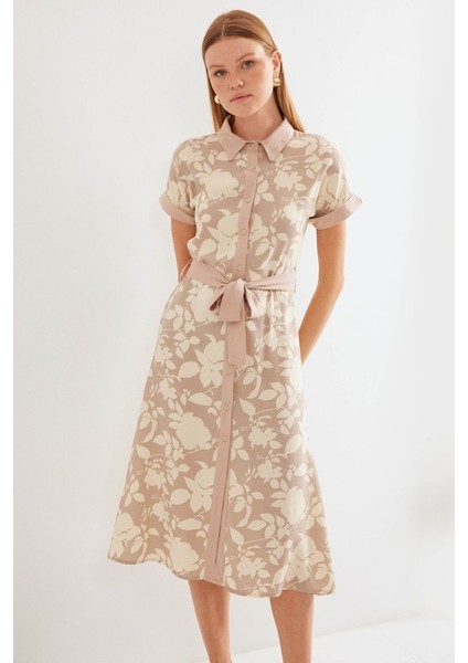 2455 Desenli Gömlek Elbise - Bej modelleri