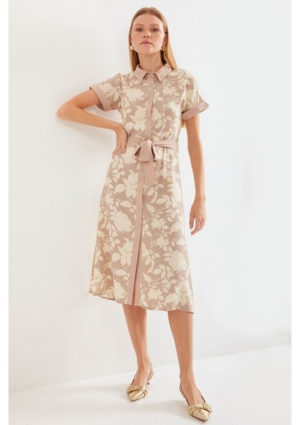 2455 Desenli Gömlek Elbise - Bej fırsatları