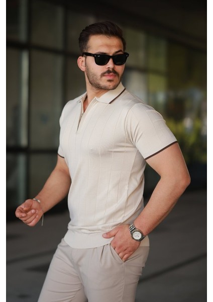 Erkek Fermuar Yakalı Çizgi Dokulu Kısa Kollu Tişört fiyatları