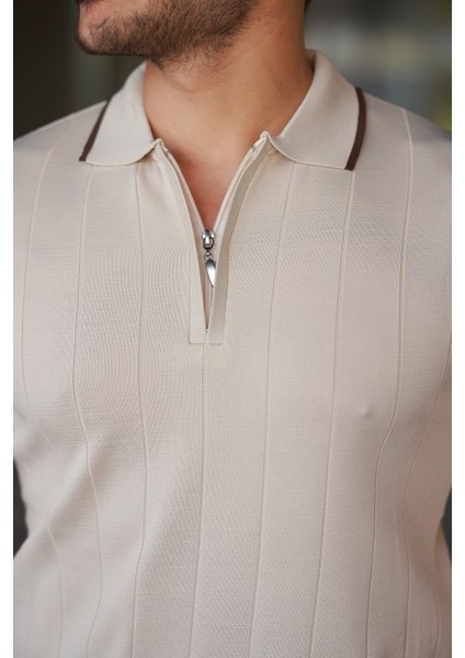 Erkek Fermuar Yakalı Çizgi Dokulu Kısa Kollu Tişört modelleri