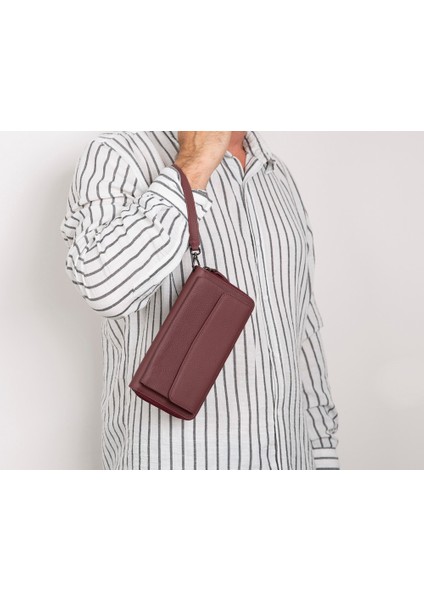 Aristo Hakiki Deri, El Yapımı, Telefon Bölmeli, Erkek El Çantası, Bordo