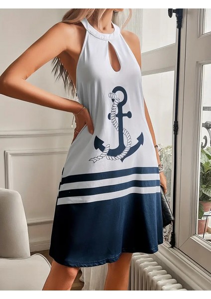 Kadın Askılı Çıpa Baskılı Sırtı Açık Kısa Süprem Elbise fırsatları