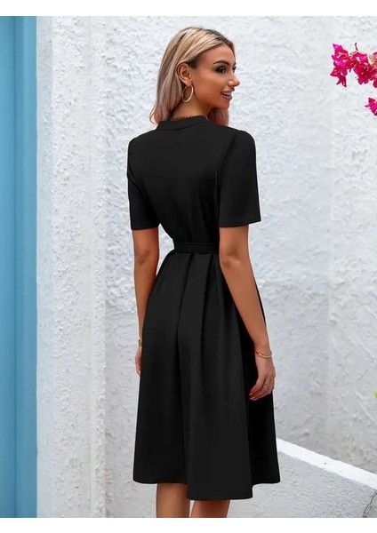 Kadın Kısa Kollu Düğmeli ve Kemerli Atlas Elbise fiyatları