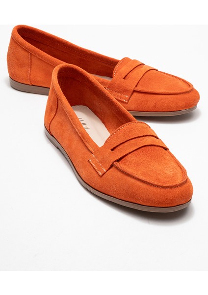 F02 Turuncu Süet Hakiki Deri Kadın Loafer Ayakkabı