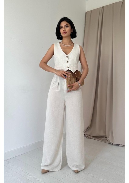 Bej Önü Düğmeli Yelek ve Pantolon Takım