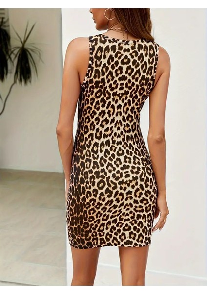 Kadın Askılı Yuvarlak Yaka Leopar Desenli Süprem Elbise indirimleri