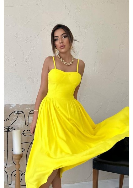 Sarı Göğüs Kuplu Uzun Büzgülü Elbise modelleri