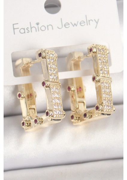Pirinç Gold Renk Kare Zirkon Taşlı Kadın Küpe - TJ-BKP10373