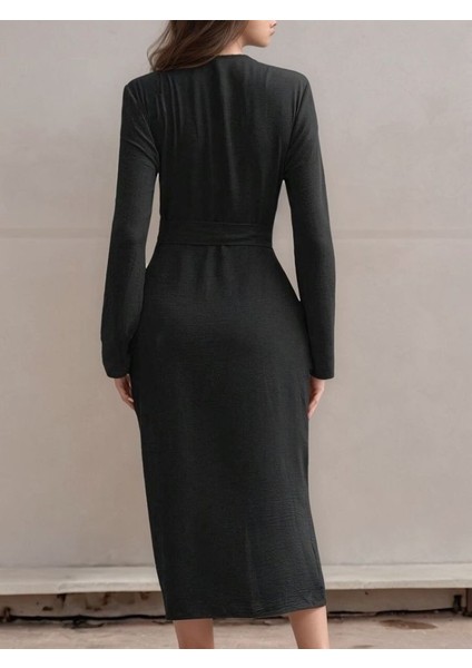Kadın Uzun Kollu Önden Düğmeli Beli Kuşaklı Aerobin Midi Elbise modelleri