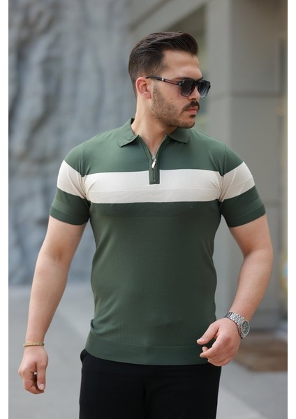 Erkek Fermuar Yakalı Şerit Renk Desenli Kısa Kollu Tişört