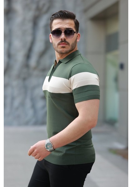 Erkek Fermuar Yakalı Şerit Renk Desenli Kısa Kollu Tişört fiyatları