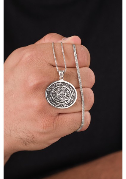 Gümüş Nazar ve Kelime-I Tevhid Yazılı Oval Erkek Kolye