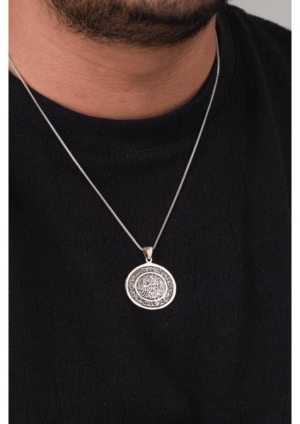 Gümüş Nazar ve Kelime-I Tevhid Yazılı Oval Erkek Kolye modelleri