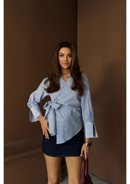 Çizgili Poplin Kruvaze Bağlamalı Gömlek - Mavi modelleri