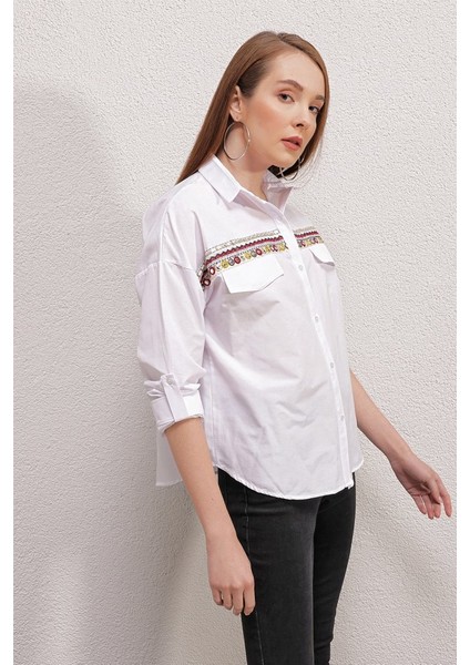 20147 Nakışlı Gömlek - Beyaz fırsatları