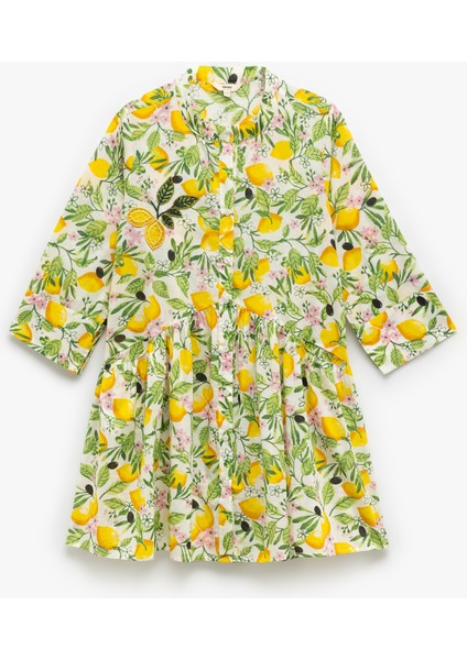 Pamuklu Boncuk Işlemeli Çiçekli Limon Desenli Plaj Elbisesi