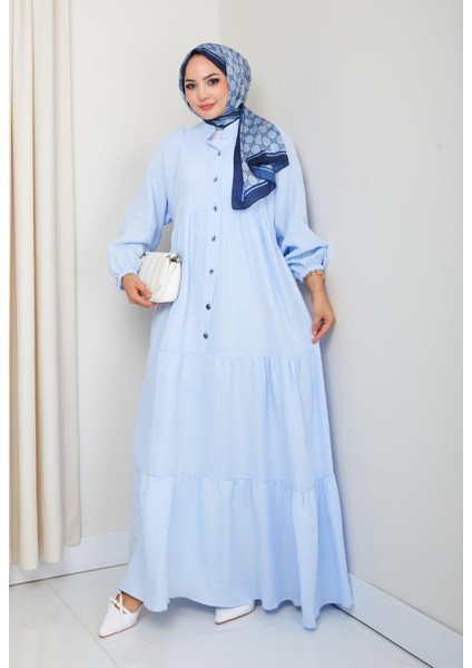 Kadın Düğmeli Kat Detaylı Mavi Keten Elbise