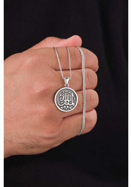Gümüş Arapça Mülki Allah Mülk Allahın Yazılı Eskitme Karartılmış Yuvarlak Erkek Kolye