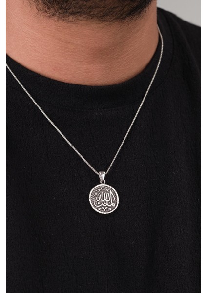 Gümüş Arapça Mülki Allah Mülk Allahın Yazılı Eskitme Karartılmış Yuvarlak Erkek Kolye modelleri
