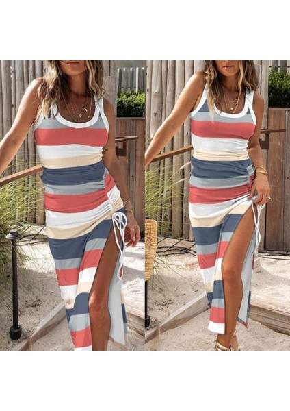 Kadın Kolsuz Şerit Desenli Büzgü Yırtmaçlı Pegasus Kumaş Elbise modelleri