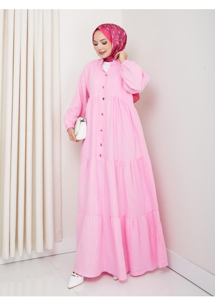 Kadın Düğmeli Kat Detaylı Pembe Keten Elbise modelleri