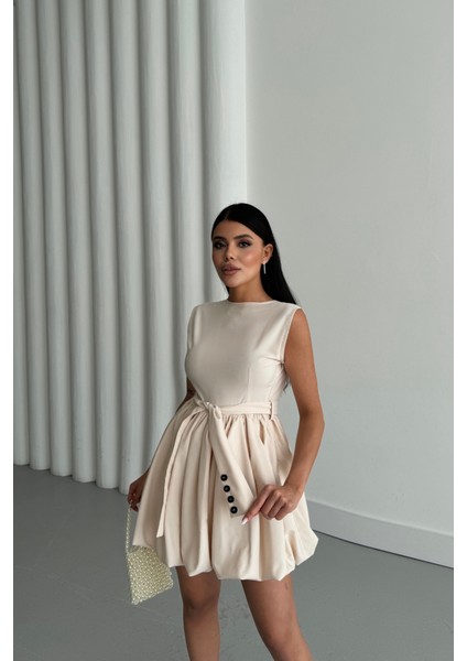 Balon Etekli Tasarım Kısa Elbise - Bej