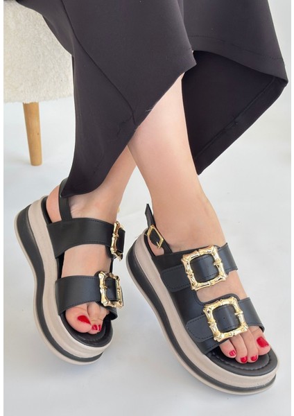 Bernishoes Stan Siyah Cilt Sandalet modelleri