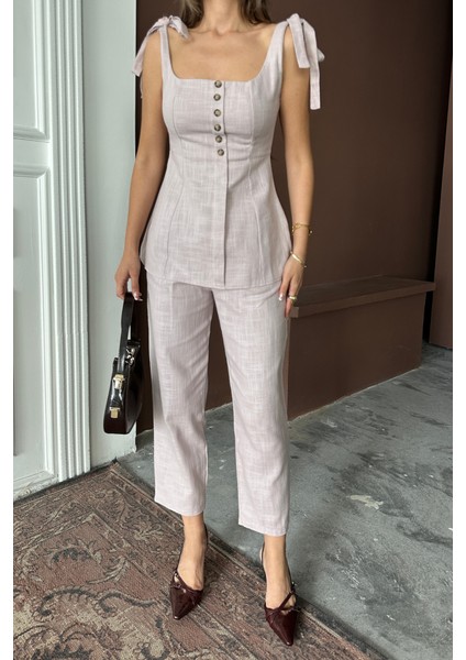 Şantuk Keten Yelek Görünümlüaskılı Bluz - Pantolon Tk - Lila fiyatları