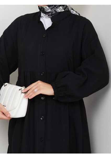 Kadın Düğmeli Kat Detaylı Siyah Keten Elbise indirimleri