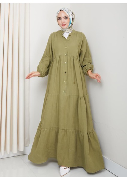 Kadın Düğmeli Kat Detaylı Haki Keten Elbise