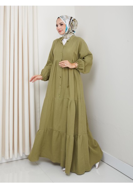 Kadın Düğmeli Kat Detaylı Haki Keten Elbise fiyatları