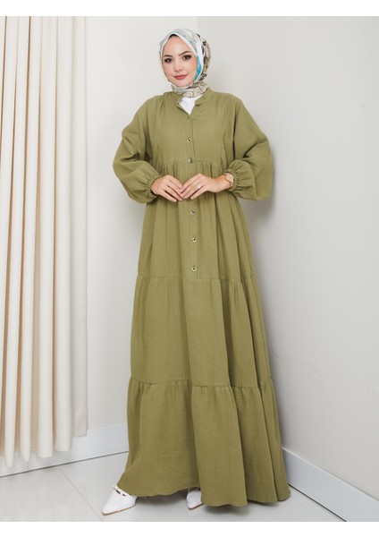 Kadın Düğmeli Kat Detaylı Haki Keten Elbise modelleri