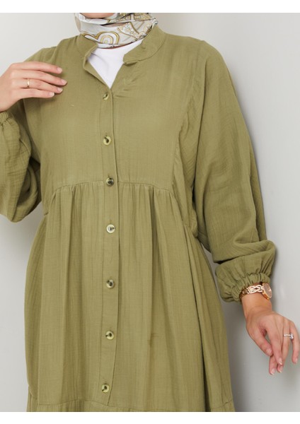 Kadın Düğmeli Kat Detaylı Haki Keten Elbise indirimleri