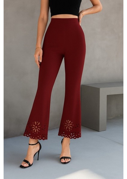 Kadın Yüksek Bel Paçaya Doğru Genişleyen Lazer Çiçek Kesim Detaylı Ithal Krep Pantolon modelleri