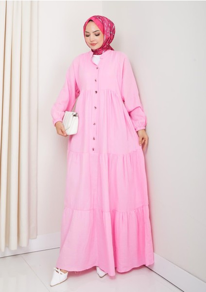 Kadın Düğmeli Kat Detaylı Pembe Keten Elbise