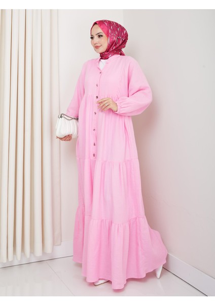Kadın Düğmeli Kat Detaylı Pembe Keten Elbise fiyatları