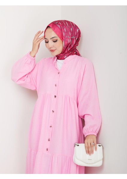 Kadın Düğmeli Kat Detaylı Pembe Keten Elbise fırsatları